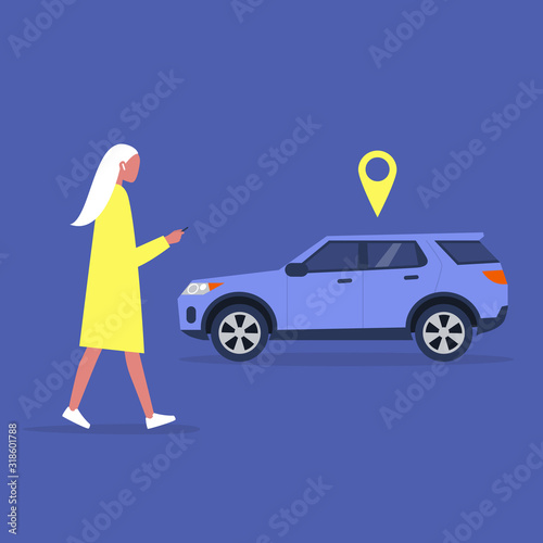 Young female character using a car sharing mobile app service, millennial lifestyle