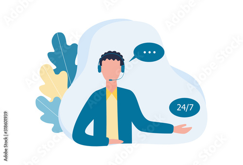 Male call center operator. A man with a wireless headset answers questions from customers and users. Technical support, work 24/7. Vector flat illustration on a white background.