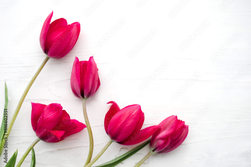 Bouquet of pink tulips on white wooden background, top view
