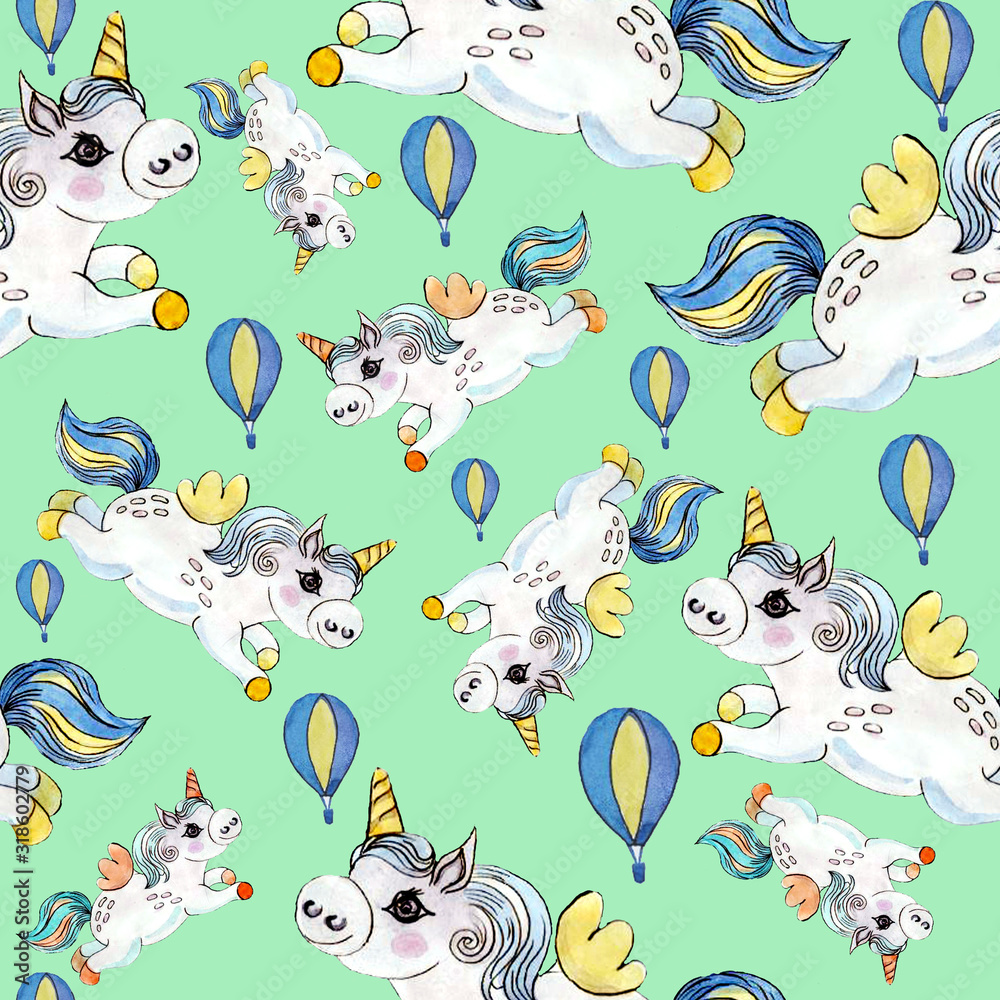 Unicorns. Seamless pattern. Cute children's print, fantasy cartoon. Girlish drawing for the interior. Background, wallpaper. Holiday, mood. children's style. Watercolor illustration by hand. Unicorns. Seamless pattern. Cute children's print, fantasy cartoon. Girlish drawing for the interior. Background, wallpaper. Holiday, mood. children's style. Watercolor illustration by hand.