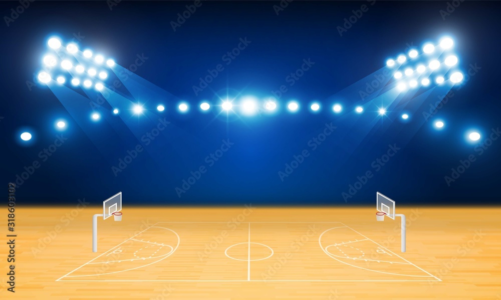 Fototapeta premium Basketball arena field with bright stadium lights design. Vector illumination
