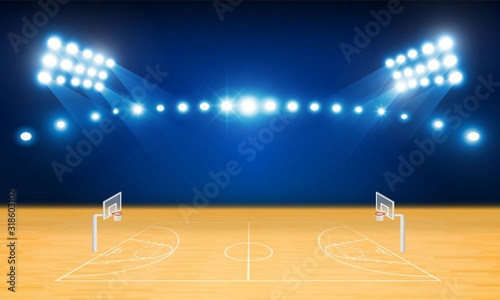 Basketball arena field with bright stadium lights design. Vector illumination