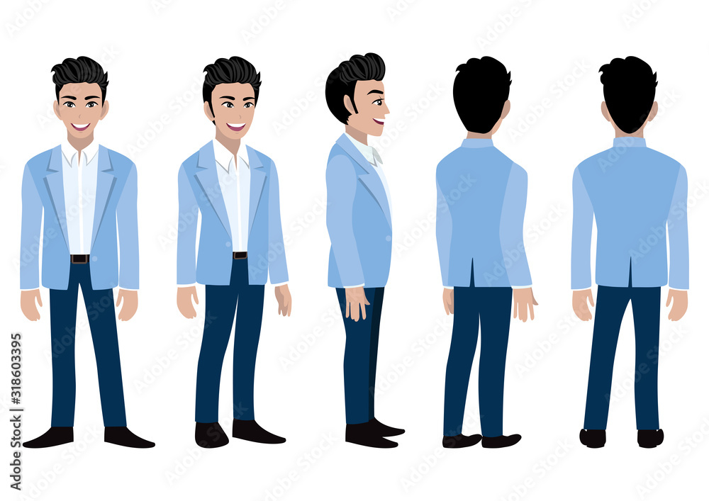 Cartoon character with business man in a blue suit for animation. Front,  side, back, 3-4 view animated character. Flat vector illustration. Stock  Vector | Adobe Stock
