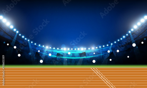 Running track arena field with bright stadium lights at night vector design