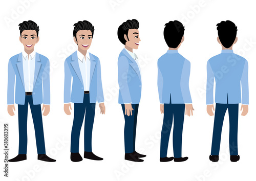Cartoon character with business man in a blue suit for animation. Front, side, back, 3-4 view animated character. Flat vector illustration.