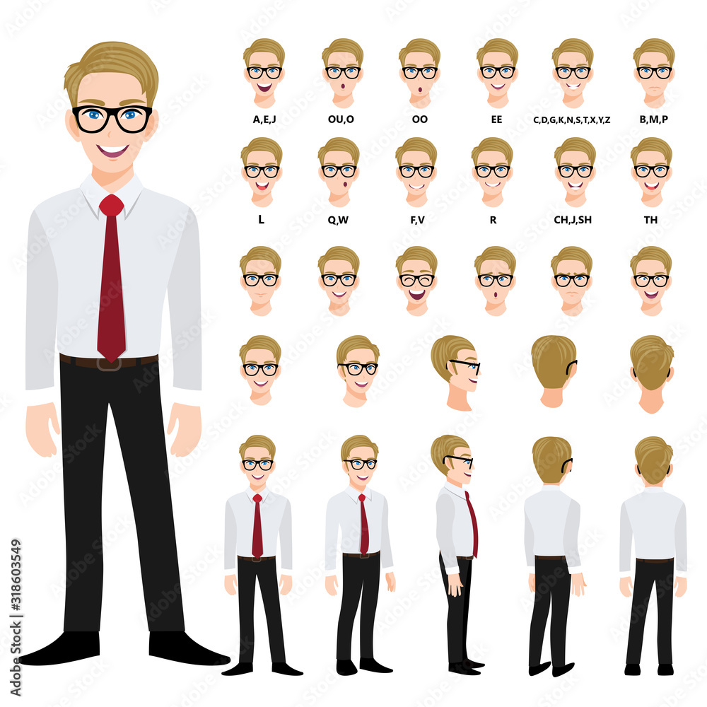 Cartoon character with handsame business man in smart shirt for animation. Front, side, back, 3-4 view character. Separate parts of body. Flat vector illustration. 298 Cartoon character with handsame business man in smart shirt for animation. Front, side, back, 3-4 view character. Separate parts of body. Flat vector illustration. 298