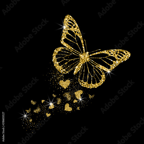 Gold glittering butterfly with hearts. Beautiful golden silhouettes on black background. For Valentines day, wedding invitations, cards, branding, label, banner, concept design. Vector illustration.