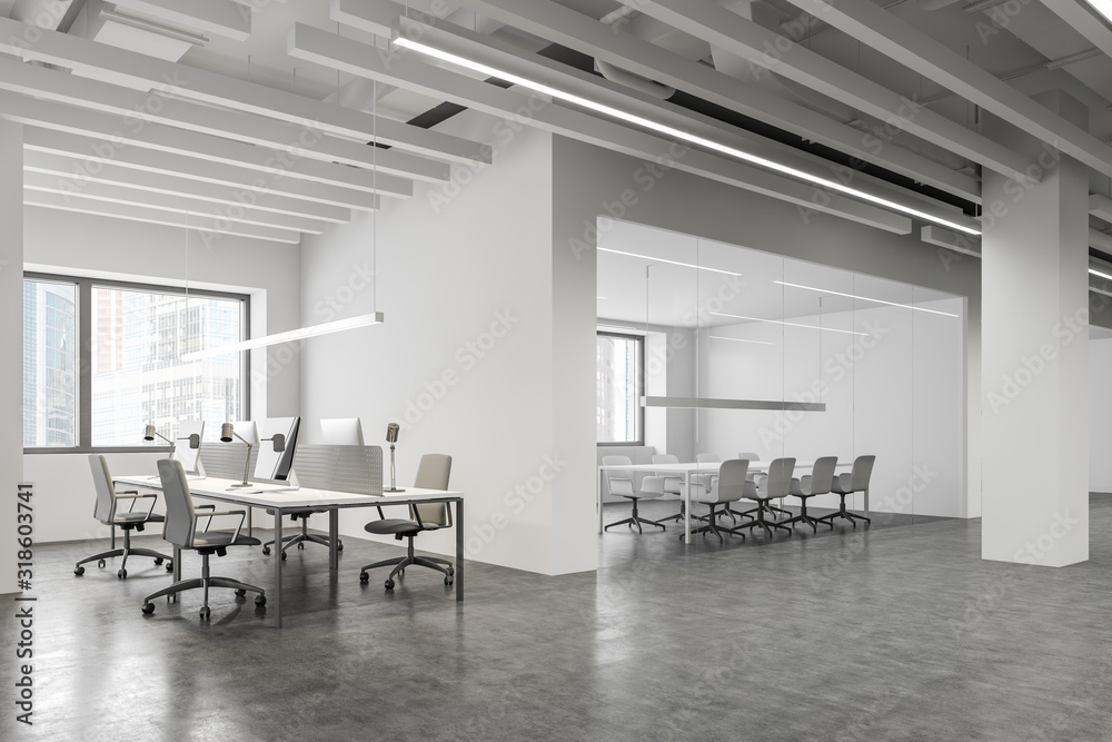 Obraz premium White open space office and meeting room corner