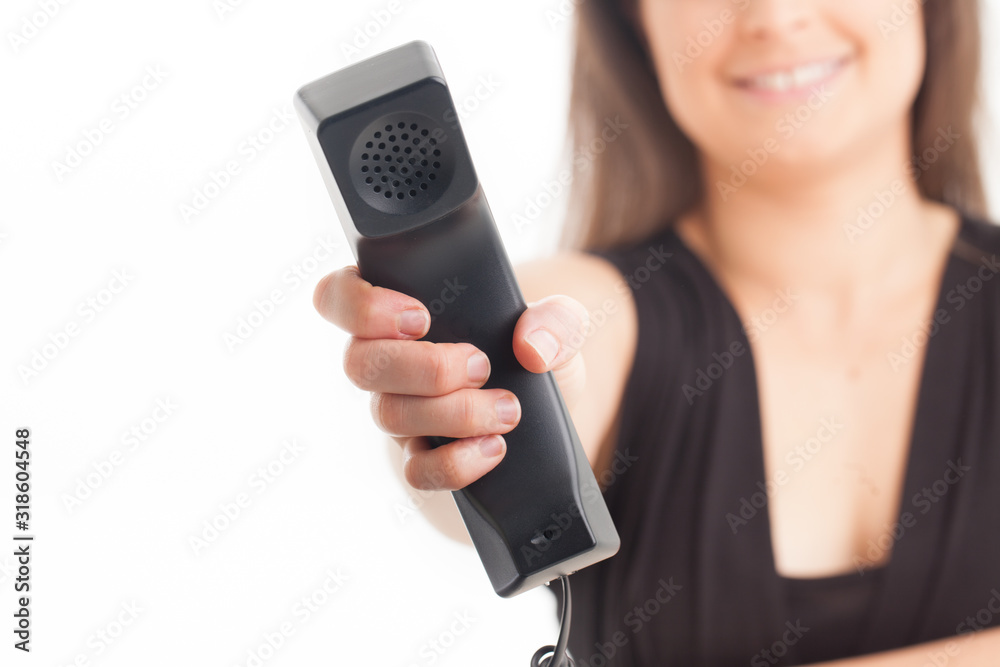 Phone call for you, receptionist passing the phone on white background Phone call for you, receptionist passing the phone on white background