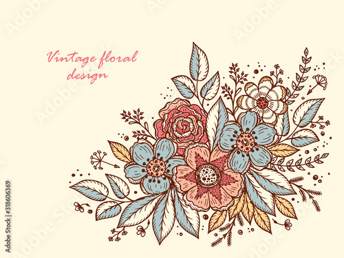 Flower garland template for invitation card. Vintage Floral Background Design. Hand Drawn Bouquet, Leaves, Sprigs, Seeds, Grass. Vector illustration.