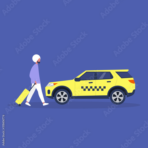 Young indian male tourist with a suitcase getting in a taxi, airport transfer,  millennial lifestyle