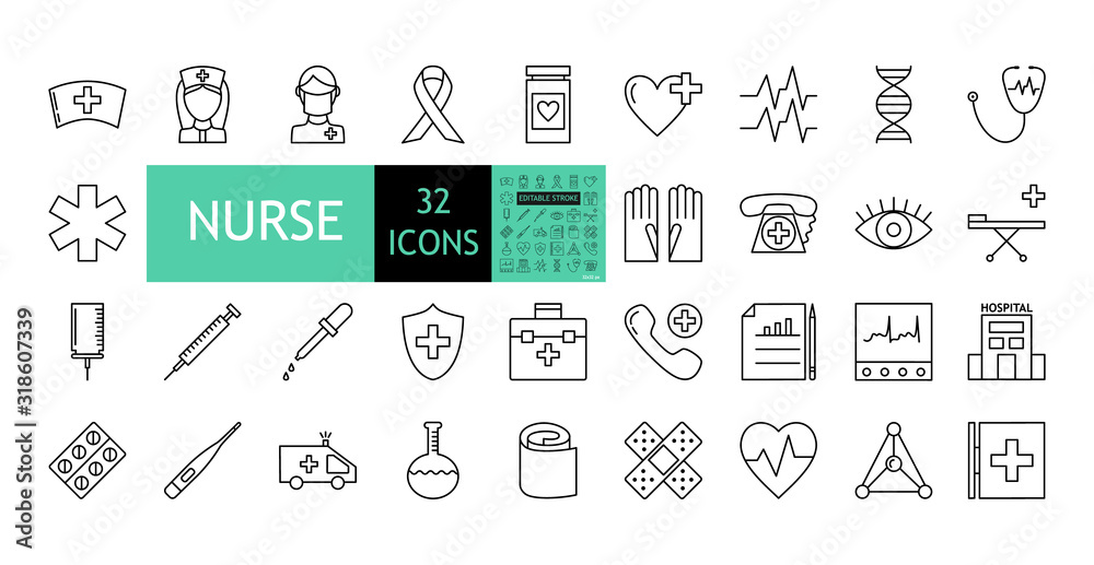 32 Icons Nurse. And 32x32 px with editable stroke. A collection of images on a medical theme. A woman and a man nurses, instruments, hospital. Flat vector illustration isolated on white background.