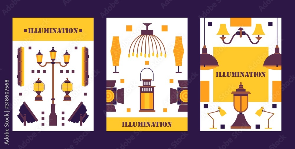Lighting equipment store promotion banner, vector illustration. Collection of lamps and lanterns for home interior, spotlight catalog cover. Professional studio equipment shop advertisement campaign Lighting equipment store promotion banner, vector illustration. Collection of lamps and lanterns for home interior, spotlight catalog cover. Professional studio equipment shop advertisement campaign