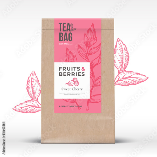 Craft Paper Bag with Fruit and Berries Tea Label. Abstract Vector Packaging Design Layout with Realistic Shadows. Modern Typography, Hand Drawn Cherry and Leaves Silhouettes Background. photo