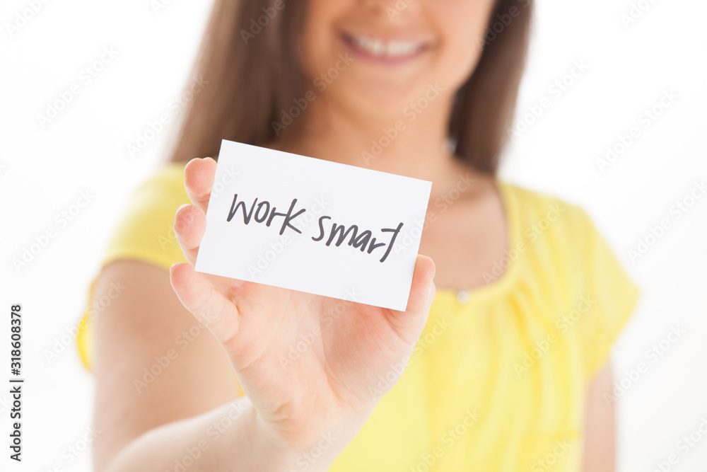Work smart, smiling female business woman wearing yellow on white background Work smart, smiling female business woman wearing yellow on white background