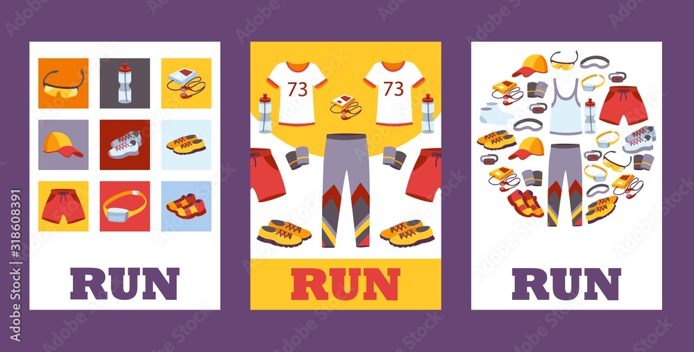 Set of banners with sport clothes for running, vector illustration. Flat style icons of fitness outfit and accessories for runners, sport activity booklet cover. Fitness run shop catalog template