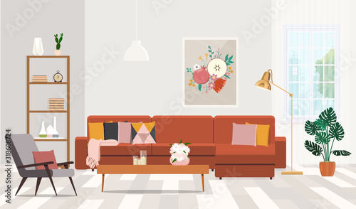 Fashionable living room interior with brown corner sofa with cushions and a painting on the wall
