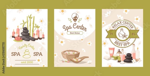 Spa center advertisement banner, vector illustration. Beauty salon invitation, brochure cover, booklet template. Relaxing spa procedures, skincare treatment. Wellness center promotion campaign flyer