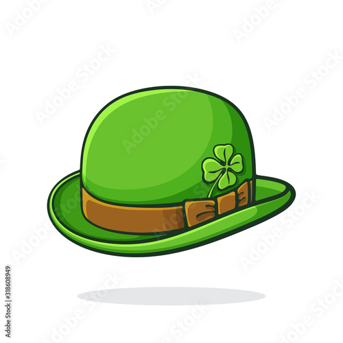 Vector illustration. Isometric view of green retro bowler hat with clover. Saint Patrick's Day symbol. Print for showcase, greeting card. Graphic design with contour. Isolated on white background