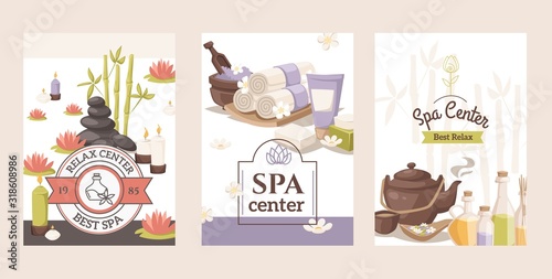 Spa center advertisement banner, vector illustration. Beauty salon invitation, brochure cover, booklet template. Relaxing spa procedures, skincare treatment. Wellness center promotion campaign flyer