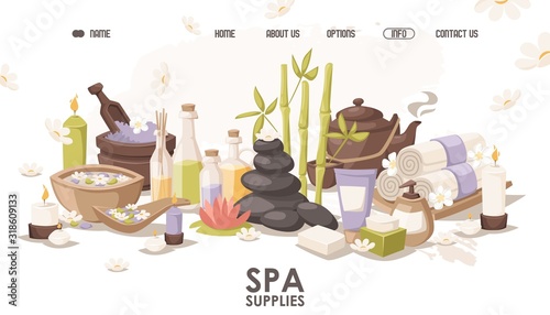 Spa center website design, vector illustration. Landing page template for beauty salon, professional wellness treatment. Spa center accessories for relaxing atmosphere, candles, aroma oils, tea kettle