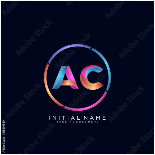 Initial letter AC curve rounded logo, gradient vibrant colorful glossy colors on black background