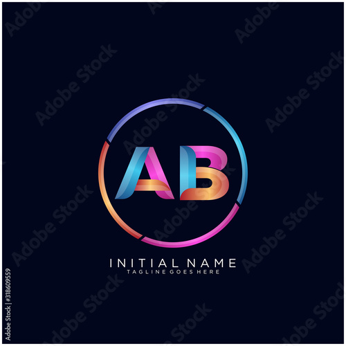 Initial letter AB curve rounded logo, gradient vibrant colorful glossy colors on black background
