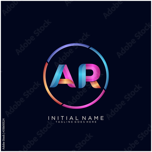 Initial letter AR curve rounded logo, gradient vibrant colorful glossy colors on black background