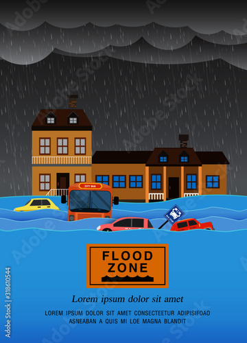 city ​​flood flooding water in city street , falling tree