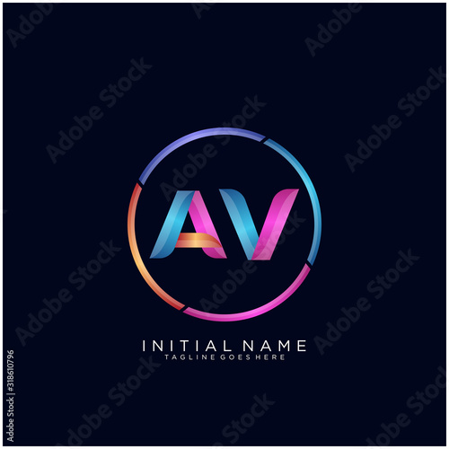 Initial letter AV curve rounded logo, gradient vibrant colorful glossy colors on black background
