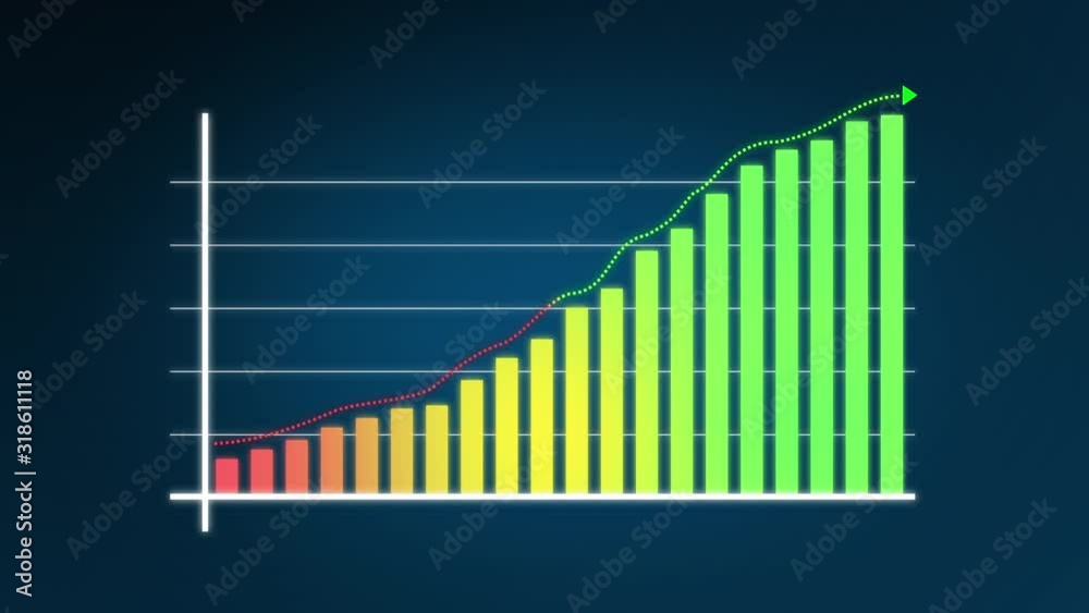 Animation of a colorful constant business growth infographics with rising arrow and bar stats appearing