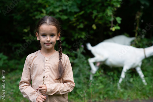 Fotografie, Tablou Little girl goatherd in forest