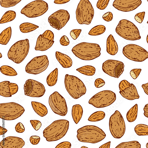 Hand drawn Almonds Seamless pattern. Nuts and kernels. Vector illustration