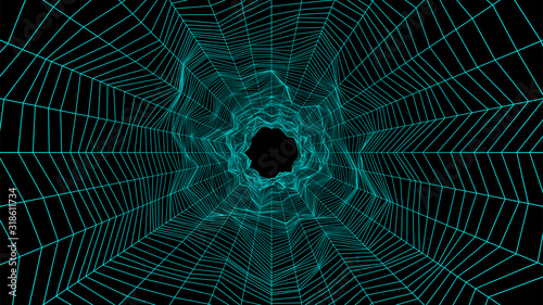 Abstract distorted tunnel mesh background. Wormhole portal vector illustration.