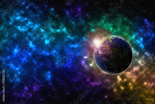 Fototapeta Naklejka Na Ścianę i Meble -  view of the globe in outer space. shining stars and the Milky Way