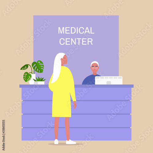 Medical center reception desk, young female character waiting for a doctor appointment, healthcare and lifestyle