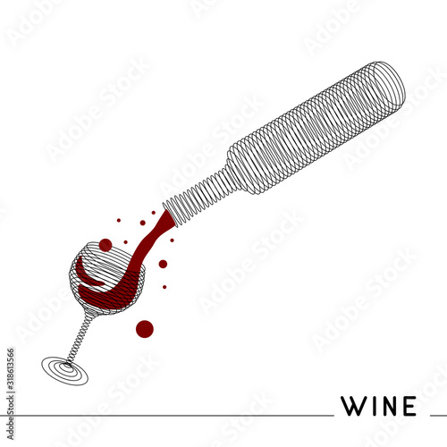 Bottle of pouring wine in a glass.Abstract alcohol banner design. Simple outline vector illustration.