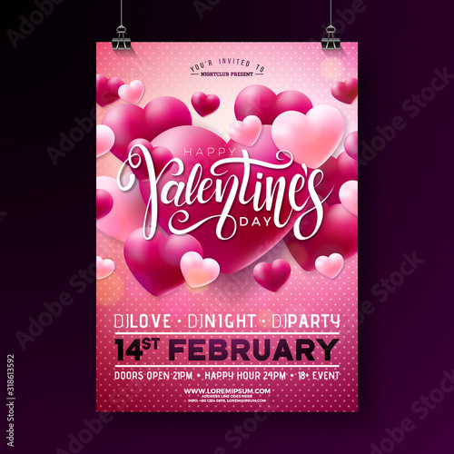 Vector Valentines Day Party Flyer Design with Typography and Balloon Heart on Pink Background. Love Celebration Poster Template for Invitation or Greeting Card.