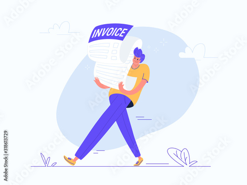 Young man carrying heavy invoice