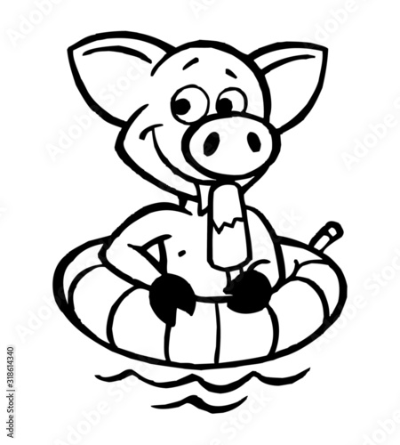 Piggy mascot with swimming ring in water licks ice cream black and white clipart