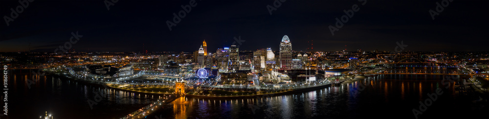 Night aerial panorama Cincinnati Ohio USA riverfront