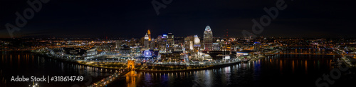 Night aerial panorama Cincinnati Ohio USA riverfront