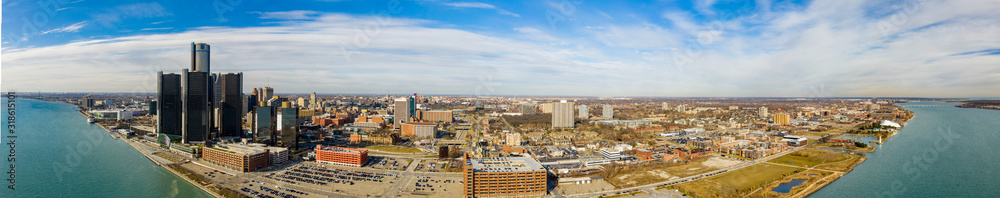 Beautiful aerial panorama Downtown Detroit MI USA all logos removed