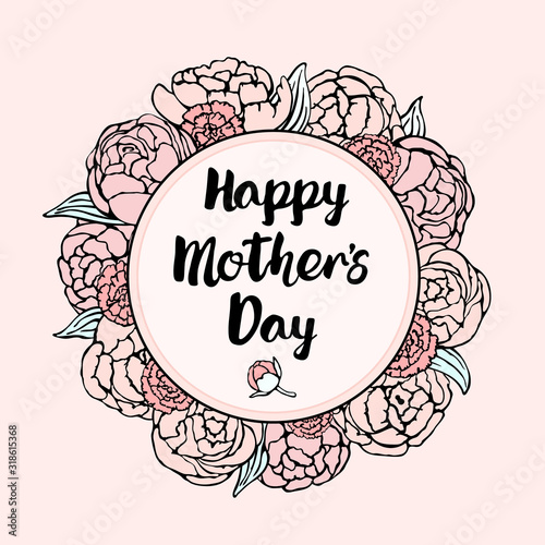 Pink flower frame with peonies and carnations in hand drawn style. Vector for romantic design with lettering.