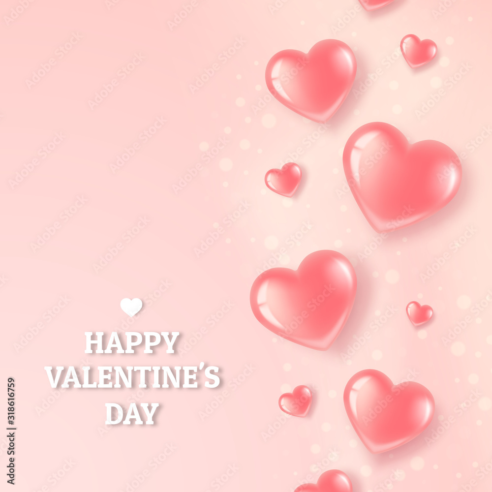 Poster with pink hearts on a pink bright background. Greeting card for Valentine s Day and International Women s Day. In a realistic style. Vector illustration