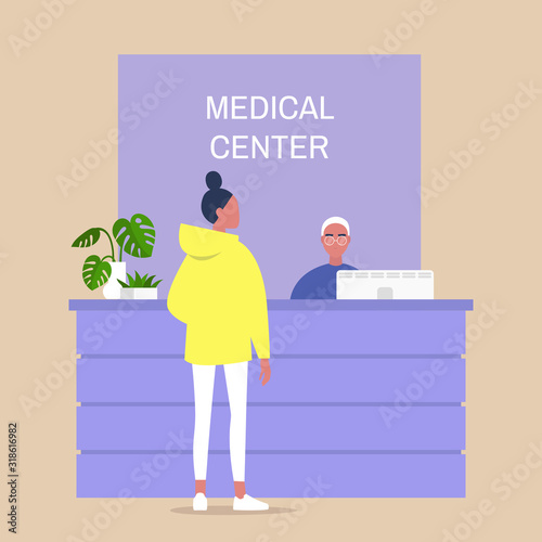 Medical center reception desk, young female character waiting for a doctor appointment, healthcare and lifestyle