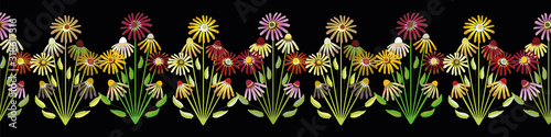 Fall winter flowers seamless vector border. Florals and leaves pattern on black background. Hand drawn folk art style. For autumn, Thanksgiving products, ribbon, trim, greeting cards, packaging