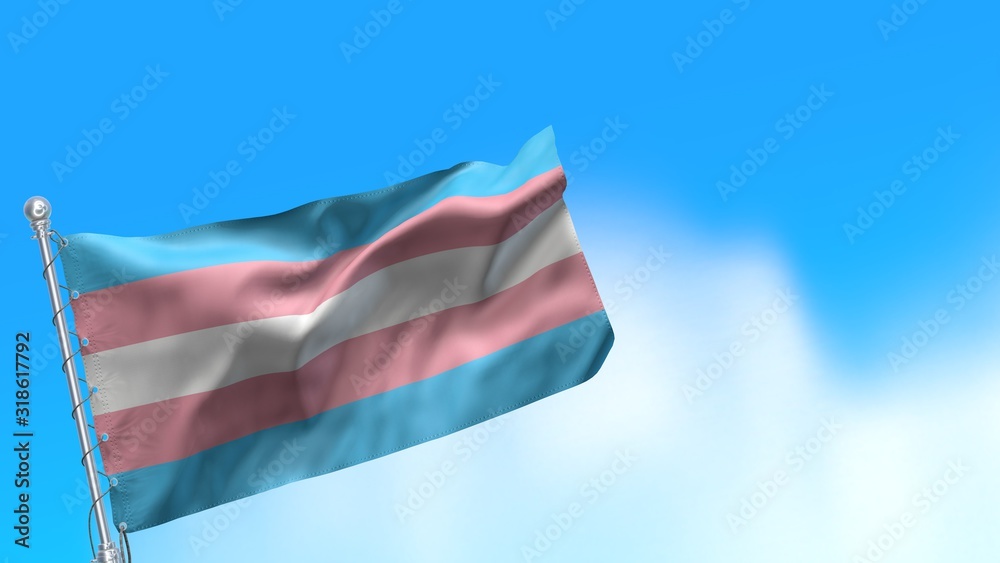 Transgender flag waving on blue sky. Cheerful symbol of Lgbtq social movement