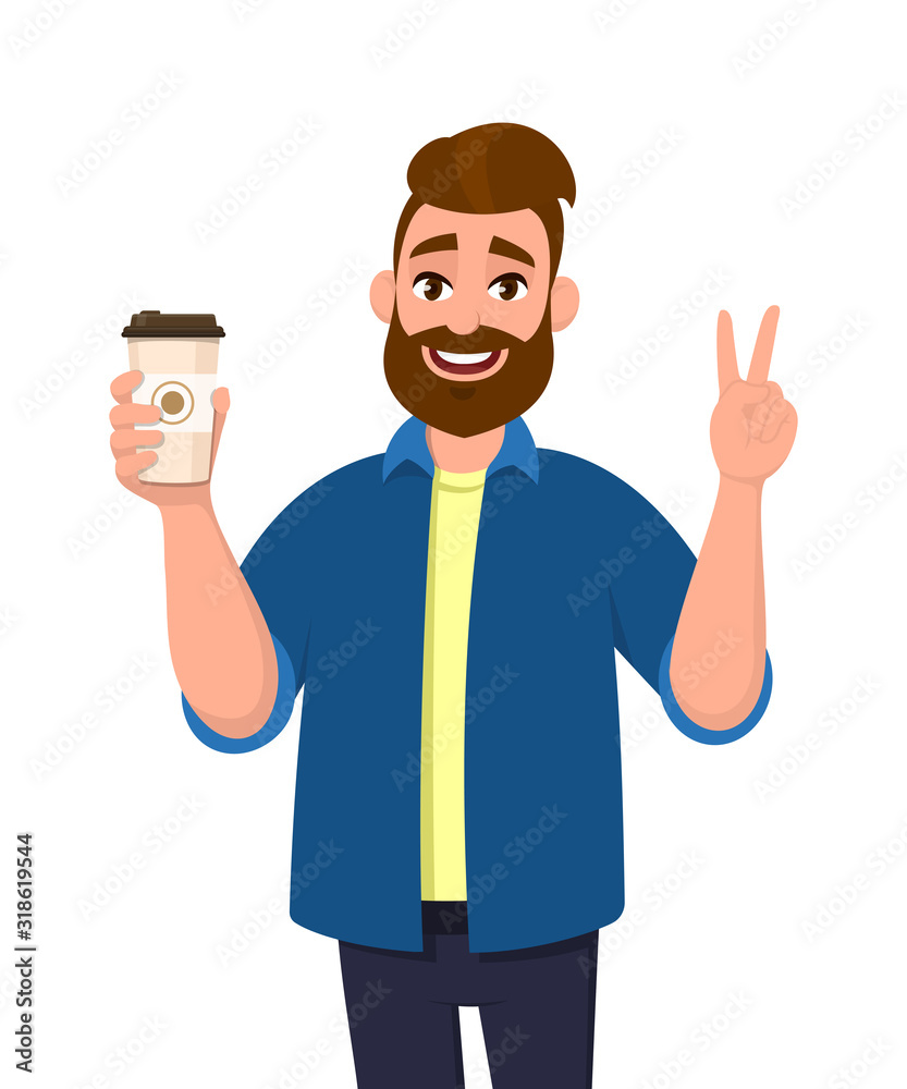 Cheerful bearded trendy man holding a coffee cup and showing, gesturing or making victory, V, peace sign with hand fingers. Male character design illustration. Modern lifestyle, food and drink concept Cheerful bearded trendy man holding a coffee cup and showing, gesturing or making victory, V, peace sign with hand fingers. Male character design illustration. Modern lifestyle, food and drink concept