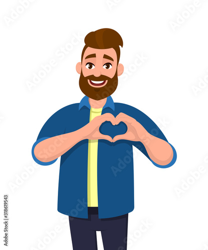Portrait of young man with beard making or gesturing heart symbol with fingers. Male character design illustration. Modern lifestyle, healthcare, love concept in vector cartoon flat style.